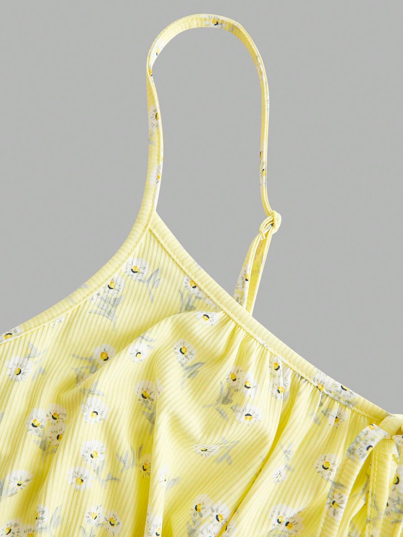 Yellow ditsy floral spaghetti-strap neckline with elastic ruching and tie front