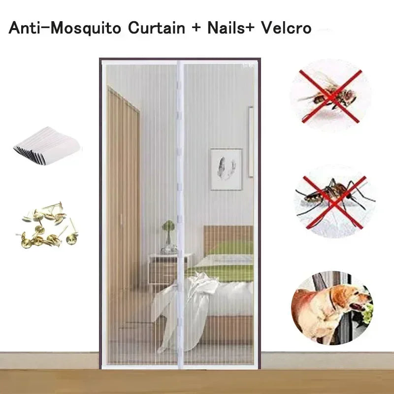Black mesh door curtain kit with included mesh strips, nails, and anti-mosquito set