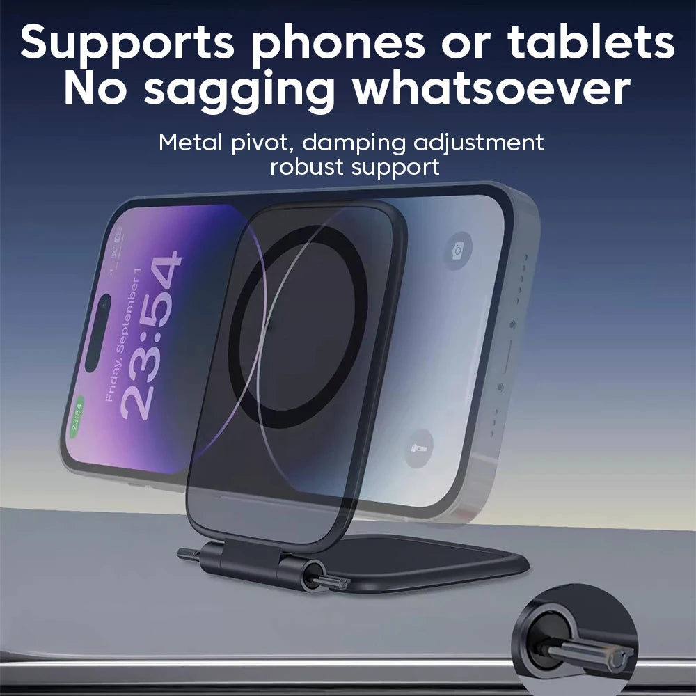 Black magnetic phone holder with adjustable pivot base and flat support stand