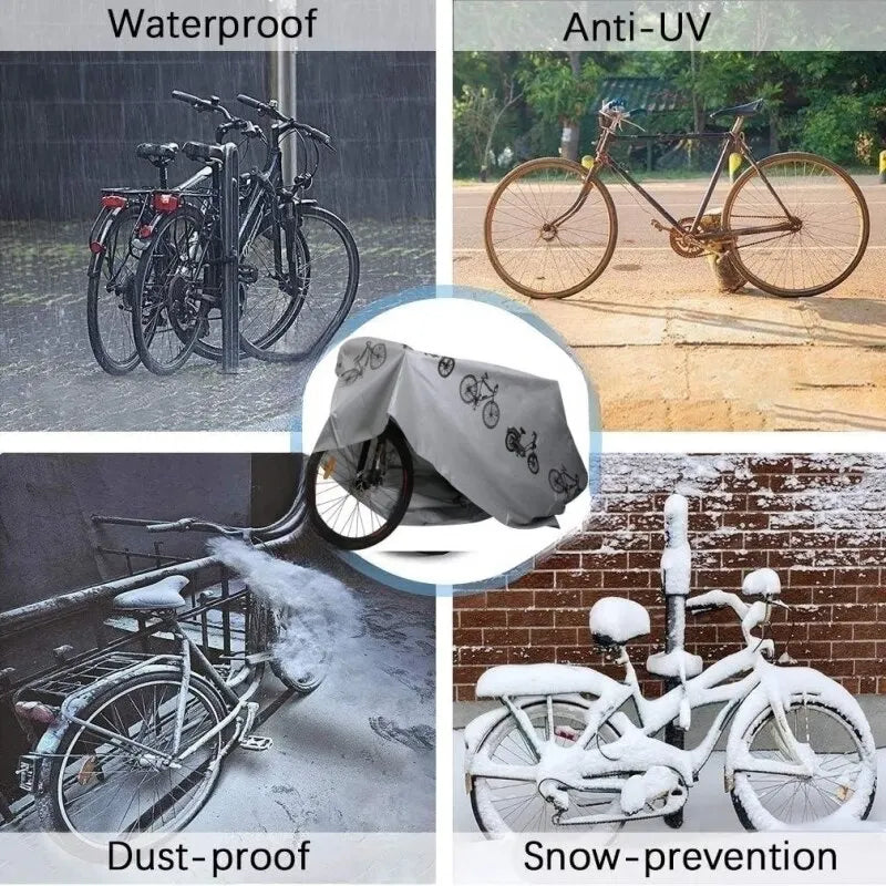 Grey waterproof bike cover shown for rain, dust, anti-UV, and snow protection