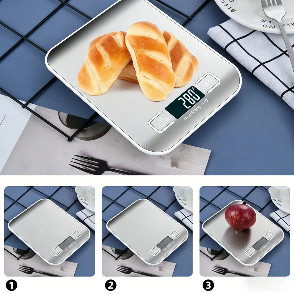 Stainless steel digital kitchen scale with LED display and bread on platform