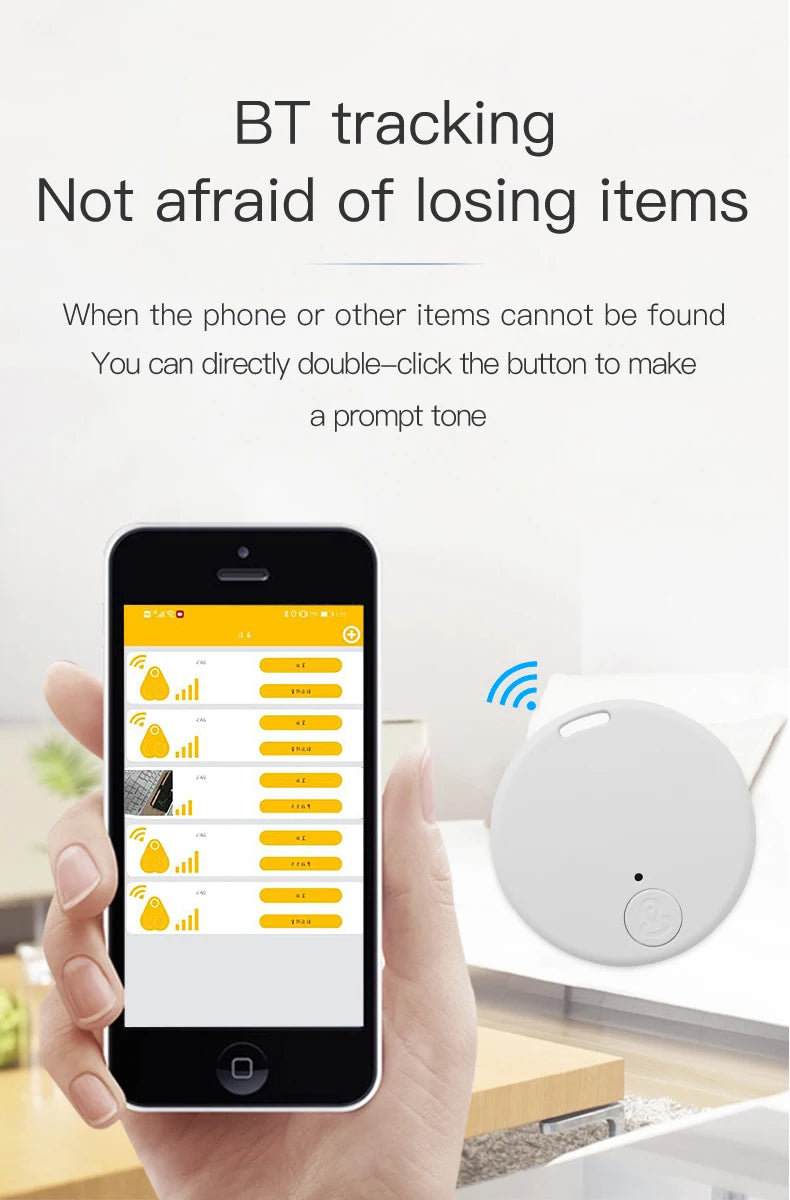 White round Bluetooth tracker tag near a smartphone for location alerts