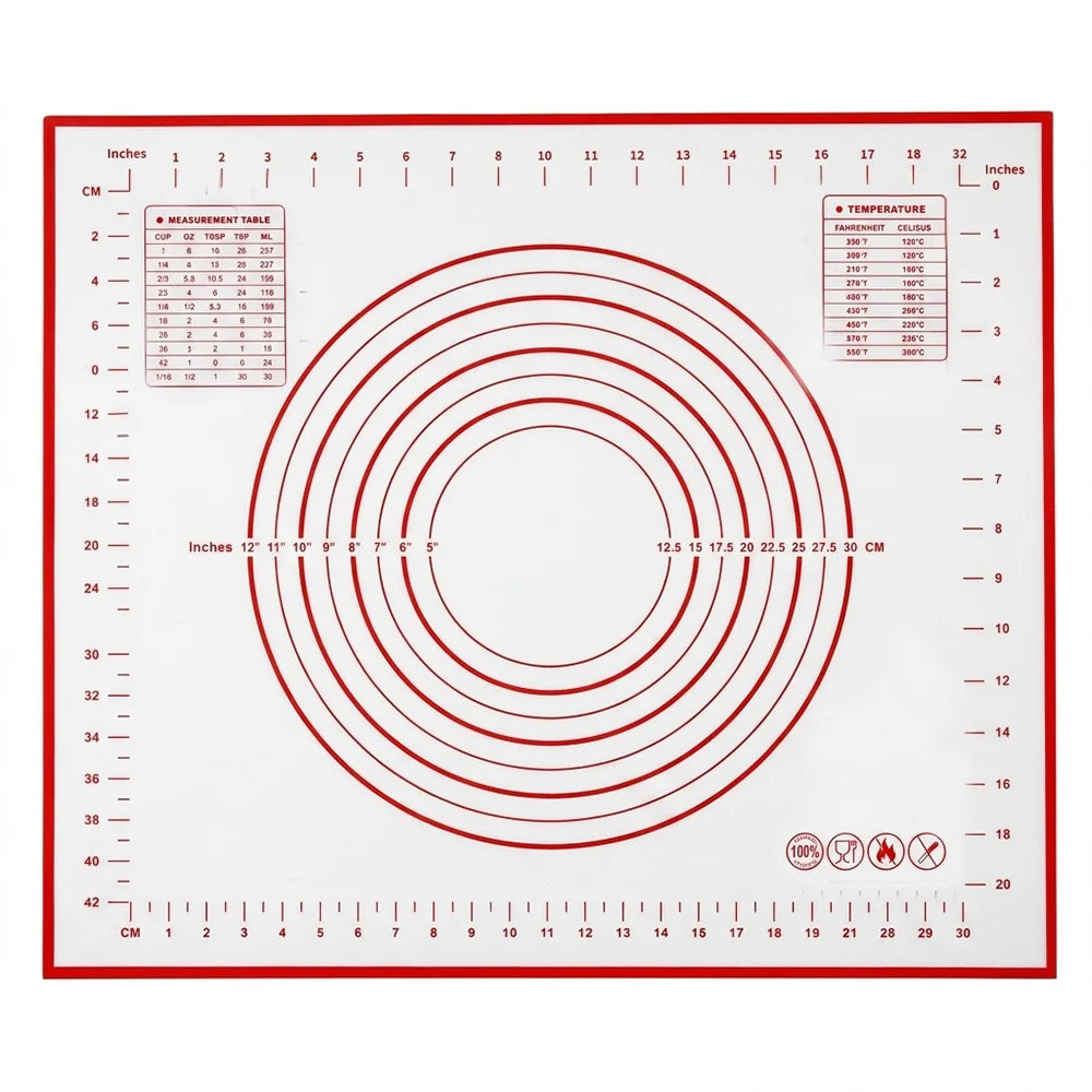 Silicone baking mat with concentric ring and temperature measurement chart