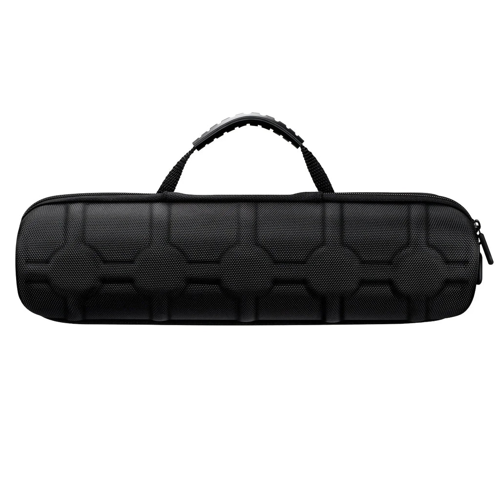 Black quilted hard-shell watch case with top handle and zip closure.