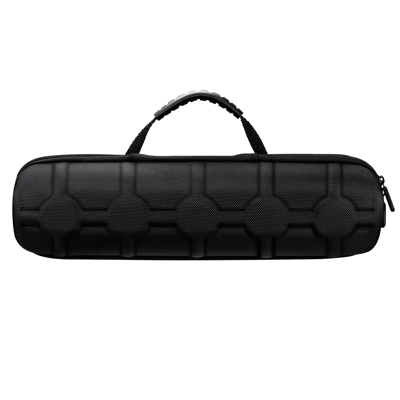 Black quilted hard-shell watch case with top handle and zip closure.