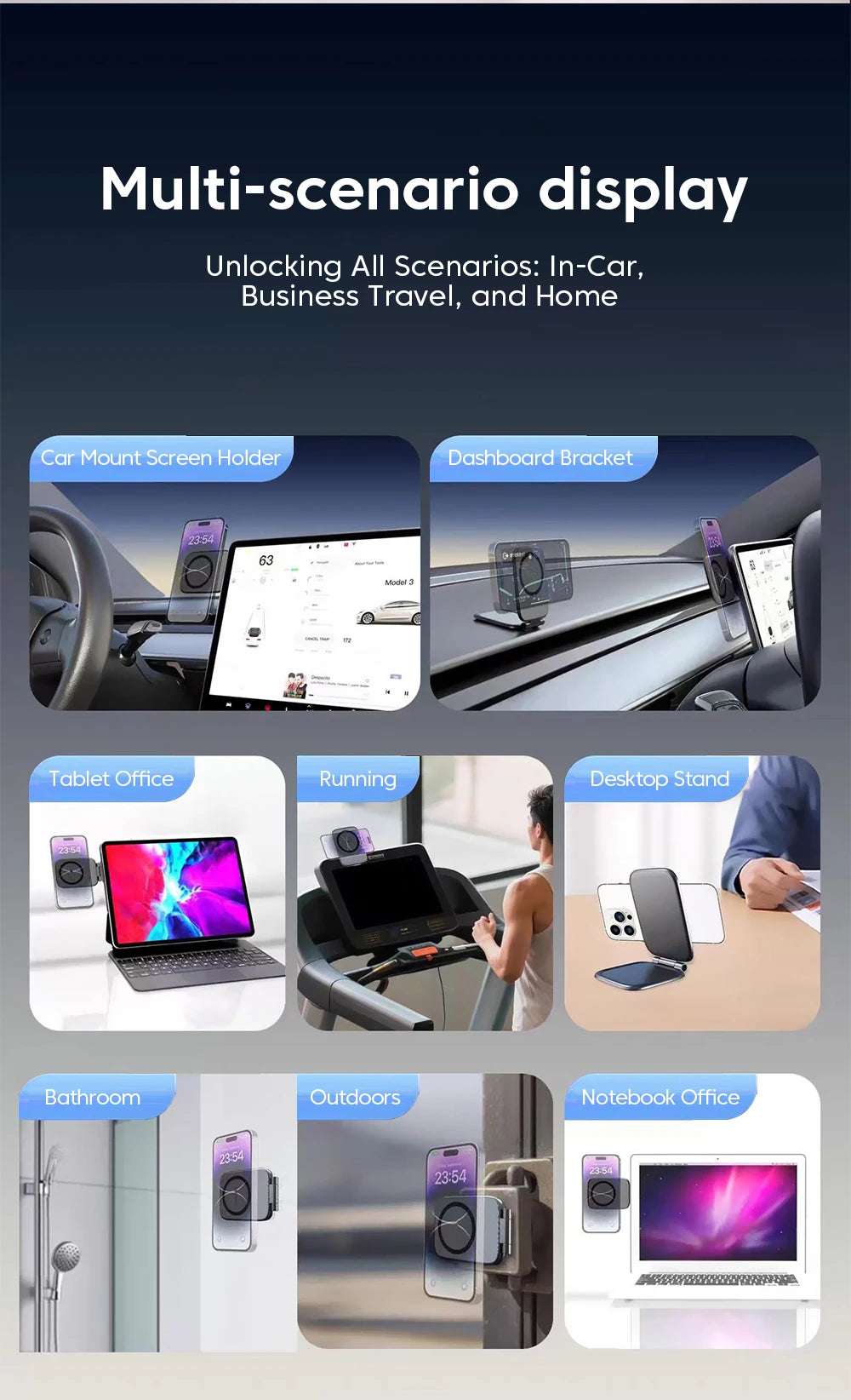 Black foldable magnetic phone holder shown for car, desk, and bathroom use