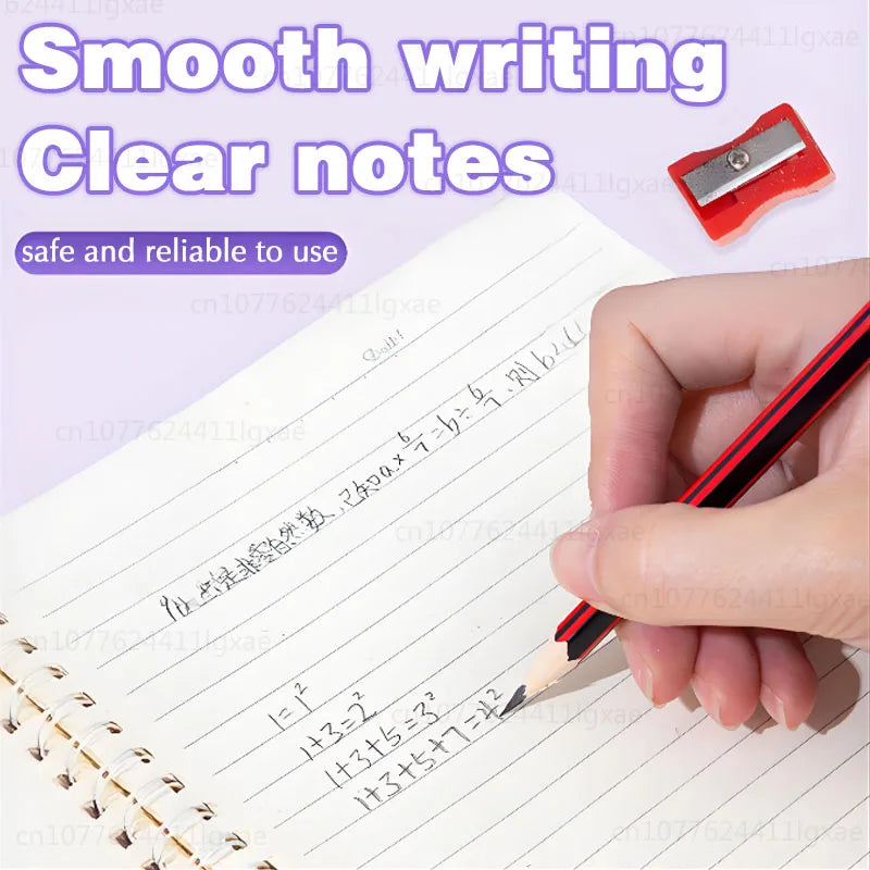 Red-and-black HB wooden pencil writing in a notebook, with visible yellow ferrule.