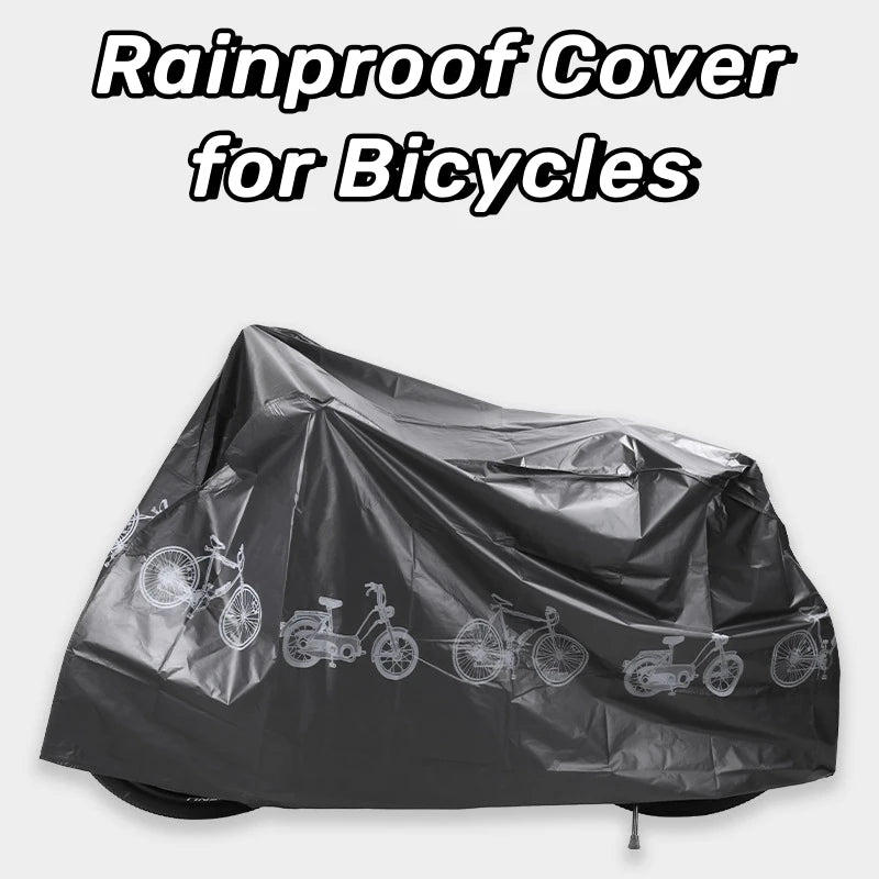 Grey waterproof bike cover with printed bicycle icons and drawstring hem