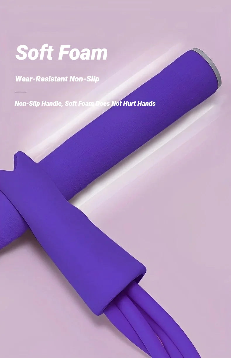 Purple foam pedal tensioner with padded handles and looped elastic strap