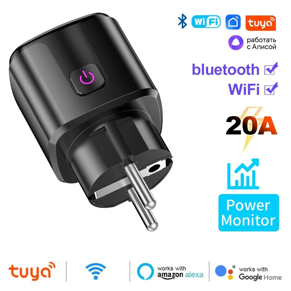 Black Tuya smart WiFi power-monitoring plug with power button and EU two-pin connector