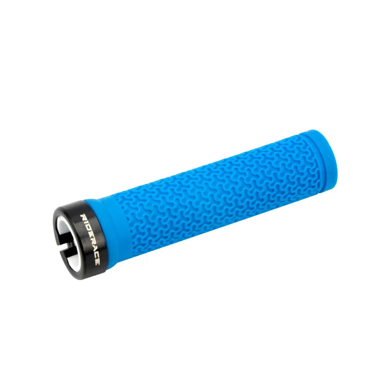 Blue textured bike handlebar grip with locking end cap, single-side style