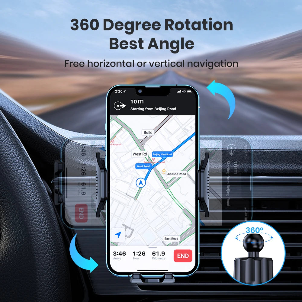 Car phone holder mount with 360-degree rotation for portrait and landscape viewing
