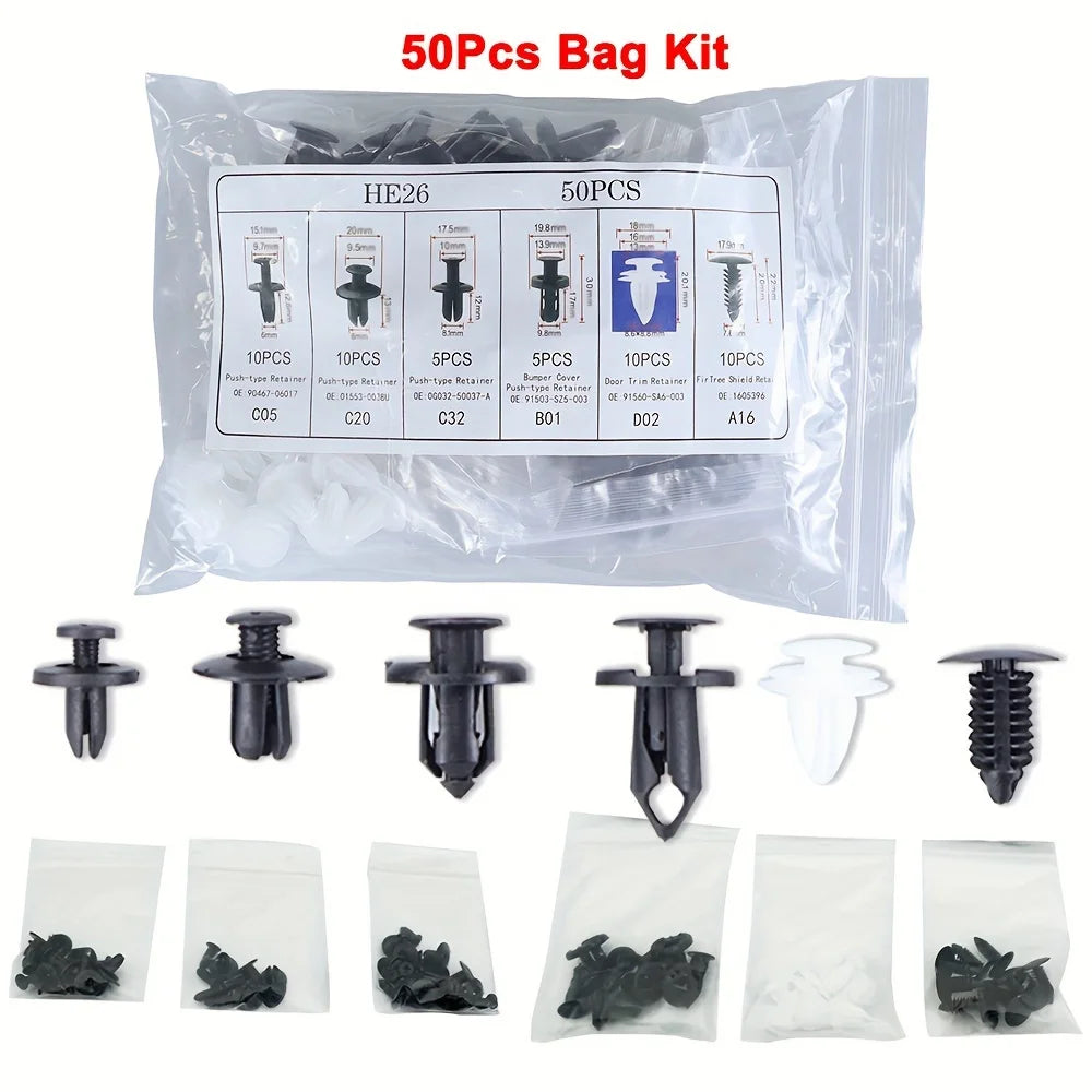 Auto push retainer clip kit, 50PCS bag with mixed black and white fasteners