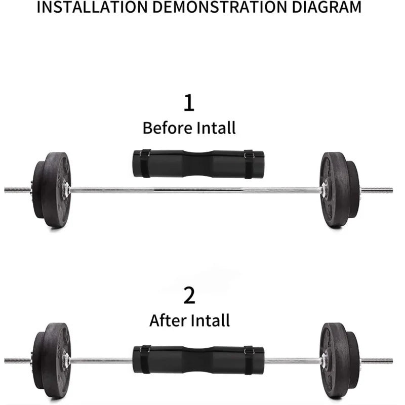 Black bar pad installed on an Olympic bar with end weights, before-and-after view