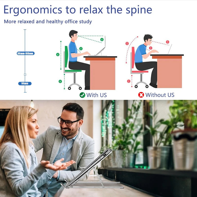 Silver adjustable laptop stand for ergonomic viewing, keeps notebook elevated