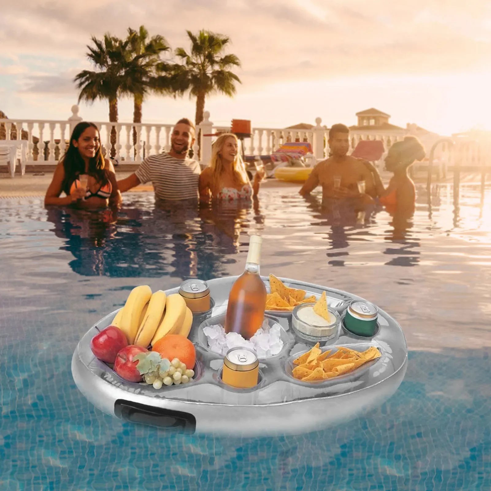 Gray inflatable drink cooler float tray with molded cup and bottle compartments