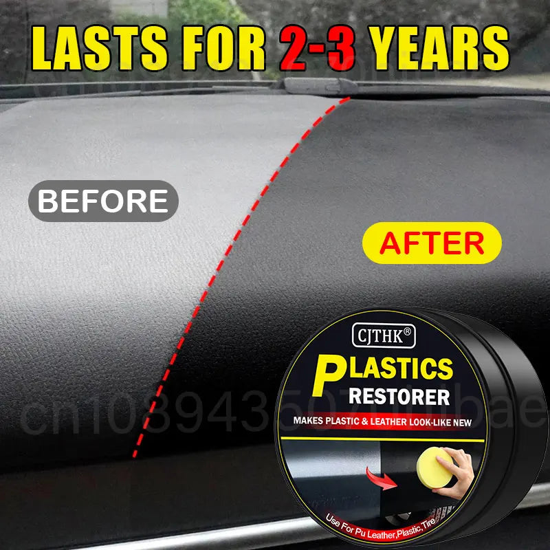 Car dashboard plastic restorer jar with yellow sponge applicator