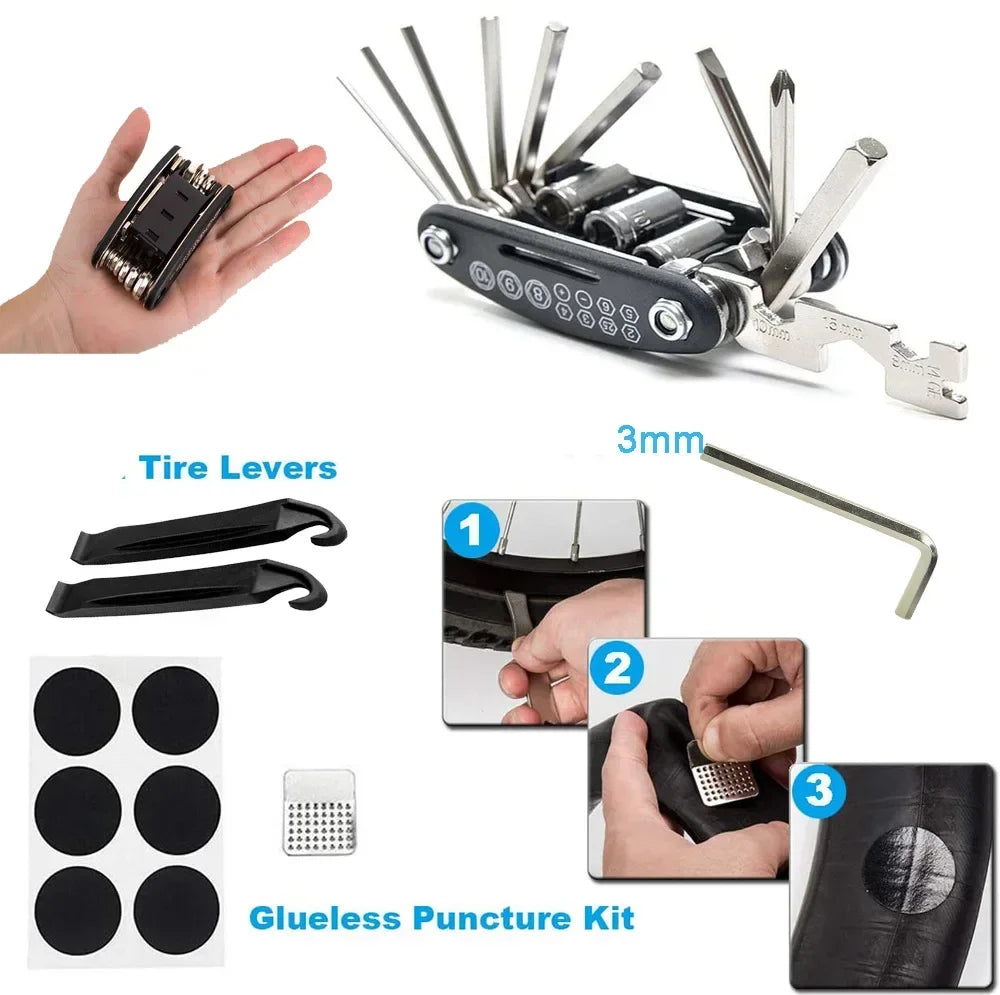 Bicycle repair tool kit with multi-tool, tire levers, and glue-less puncture patches