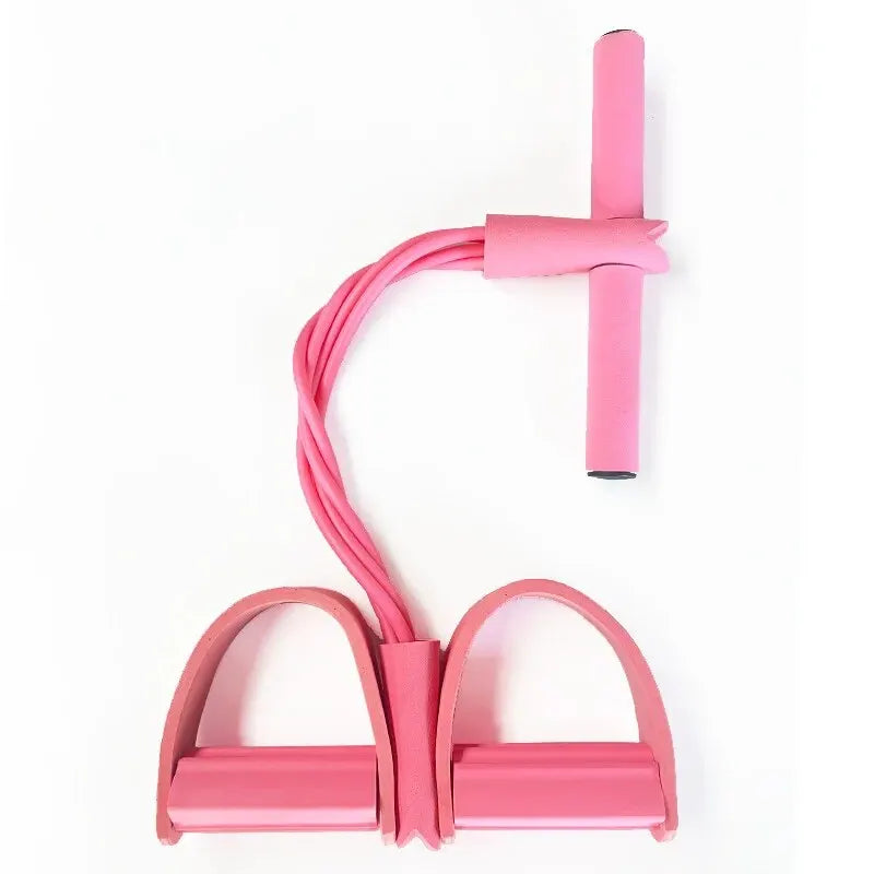Four-tube pedal tensioner with pink elastic resistance bands and foot pedals