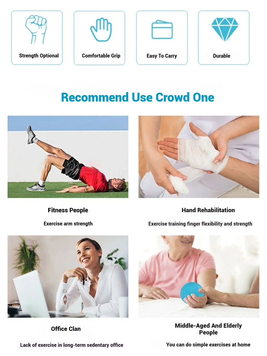 Infographic featuring a blue and a black textured egg grip ball for finger strength.