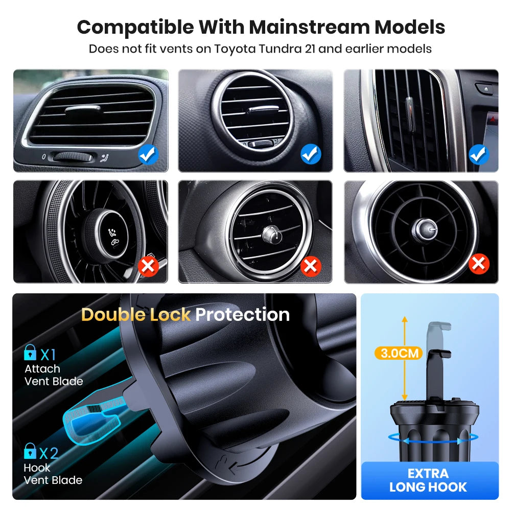 Car air-vent phone holder mount with double-lock protection and long hook