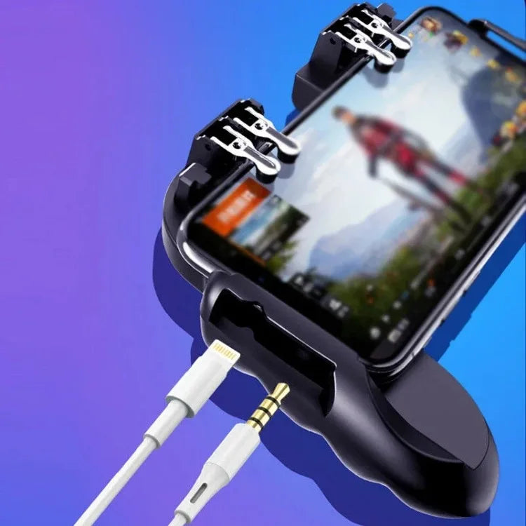 Black mobile game trigger controller with phone clamp and wired 3.5mm plugs