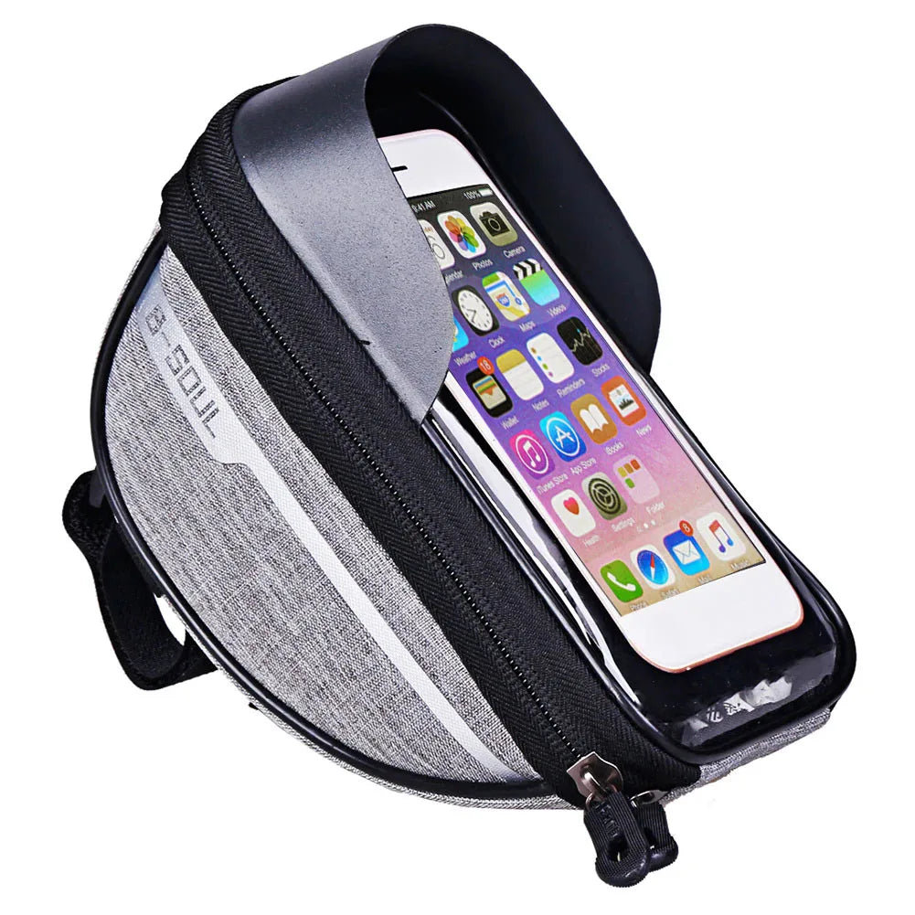 Grey bike handlebar touch-screen phone bag with clear front window and zipper pocket