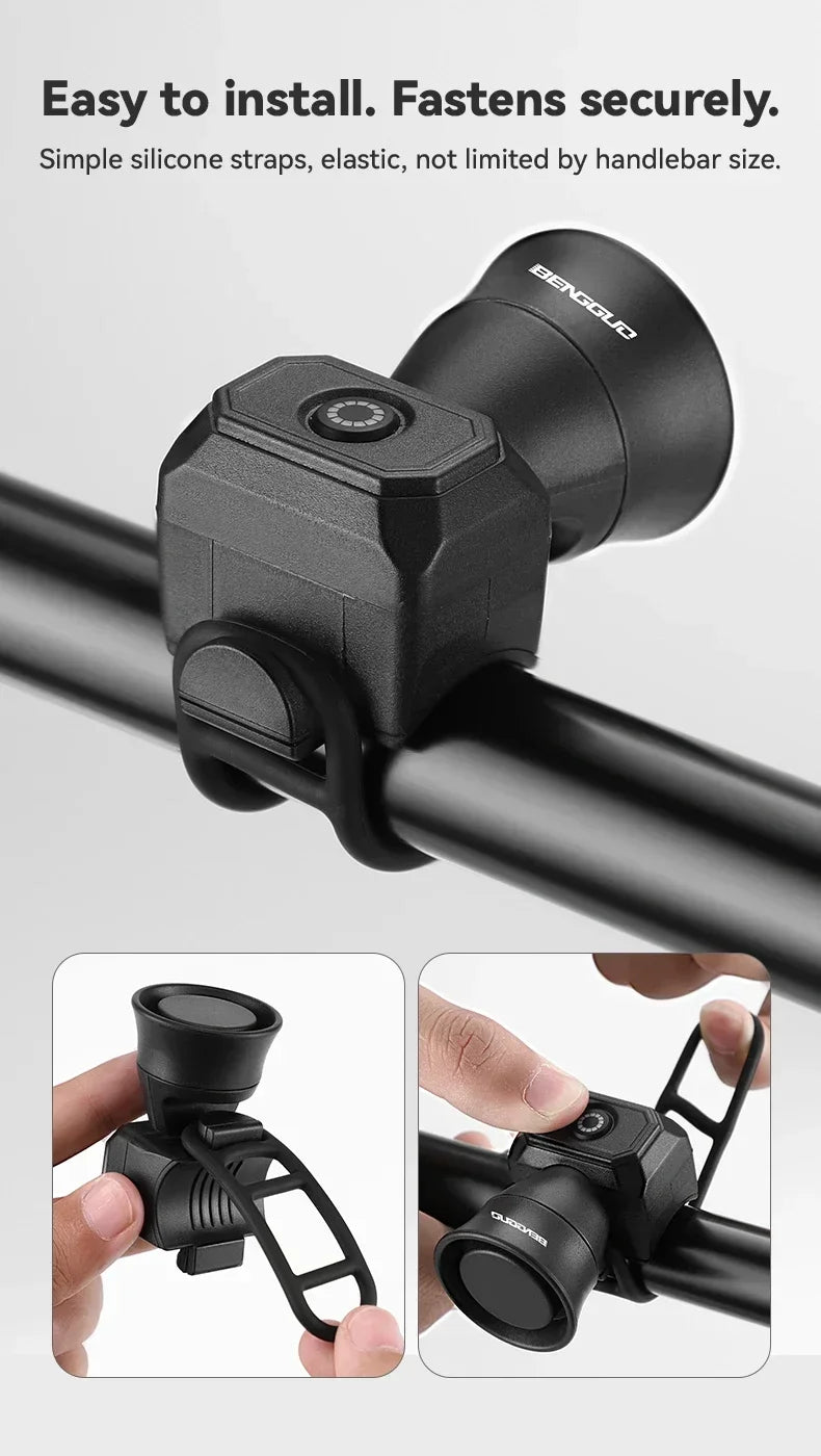 Black bicycle horn with front speaker and clamp-style handlebar mount