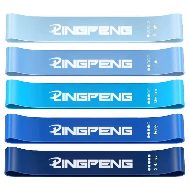 Set of five blue resistance yoga loop bands with LINGPENG logo