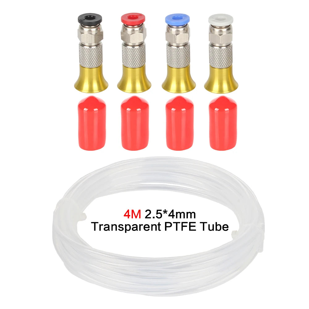 PTFE tube kit with brass pneumatic connectors, hex nuts, red caps, and clear PTFE tube