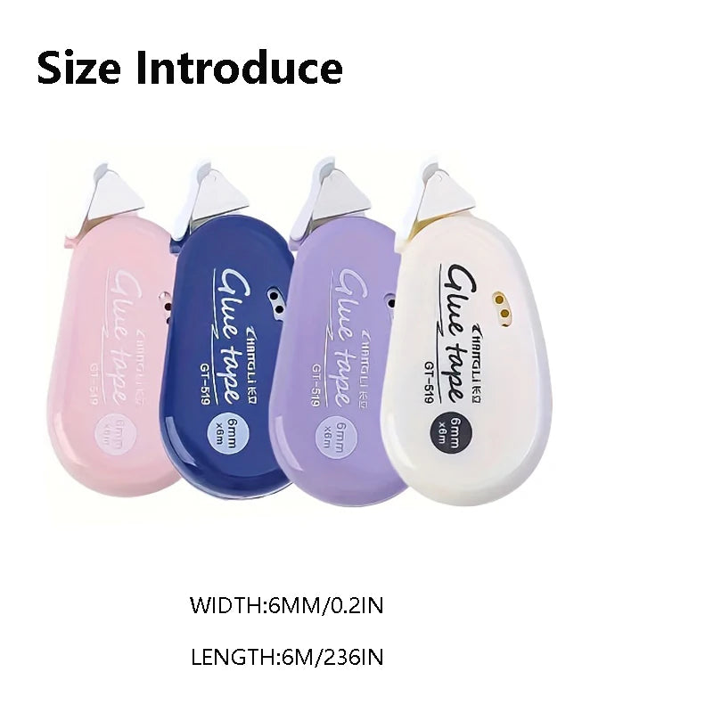 Four double-sided adhesive tape dispensers in pink, blue, lavender, and white (size shown)