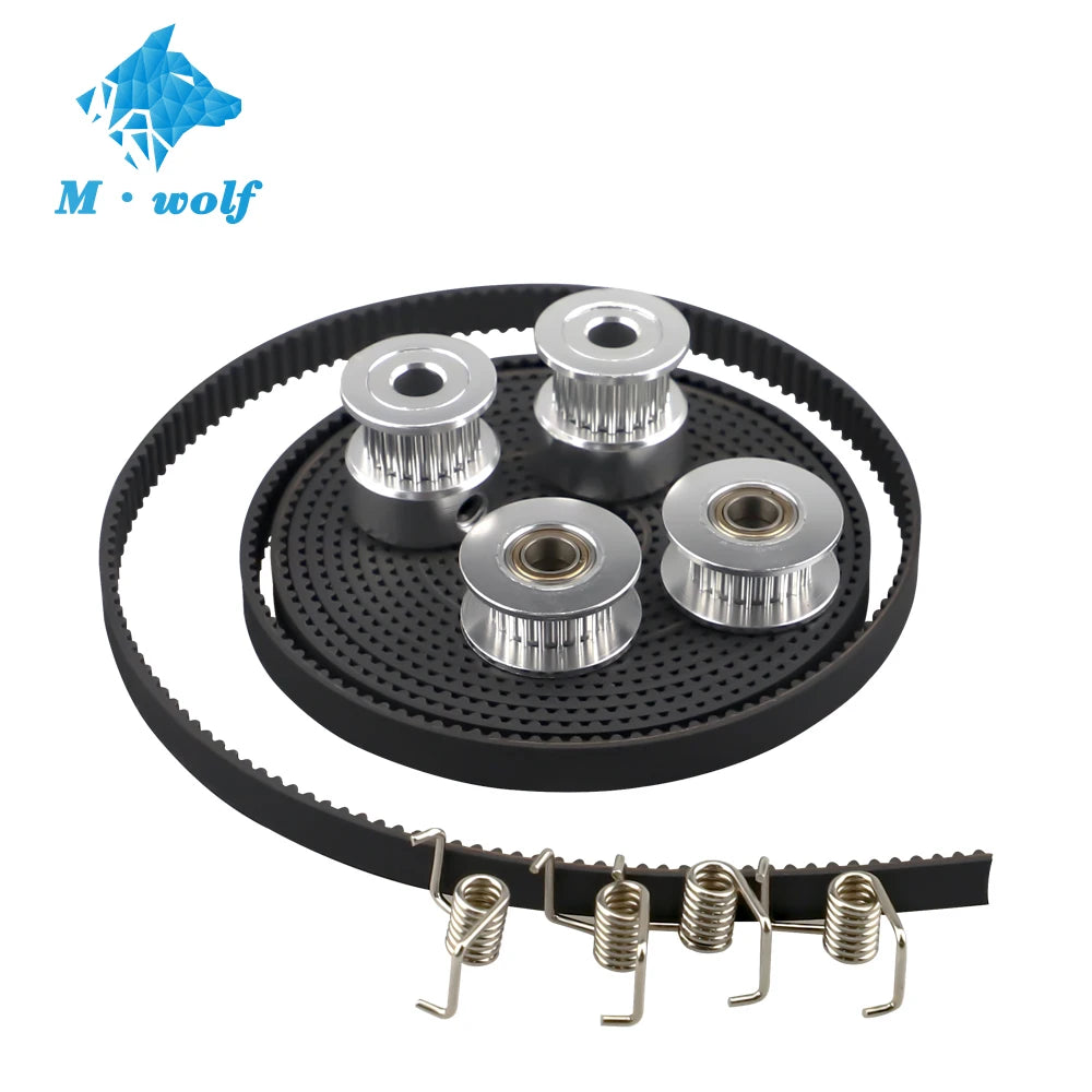 GT2 timing pulley belt kit with five toothed pulleys and tensioner springs
