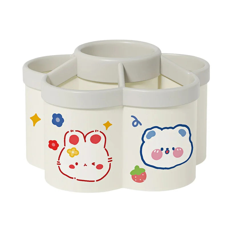Cream round pen holder with bear face and cup icons, divided inner compartments