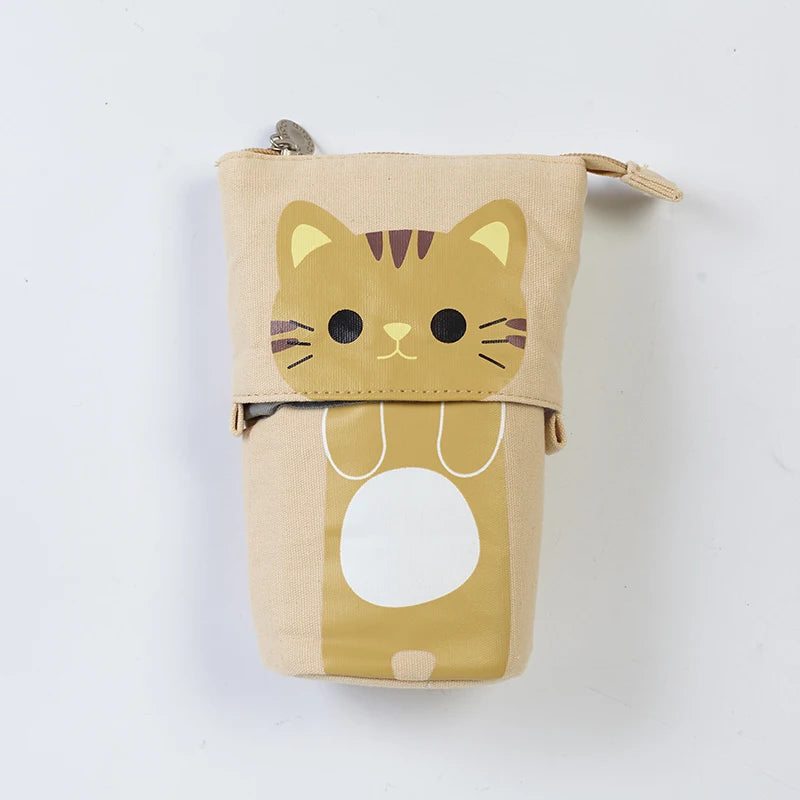 Canvas pencil pouch with zipper, beige cat face and white belly panel.