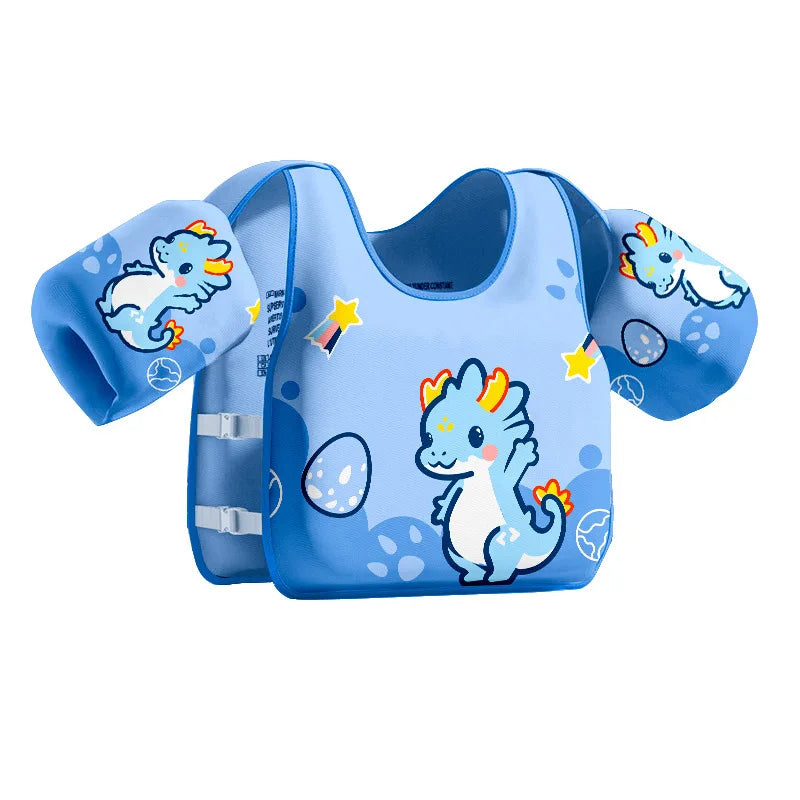 Blue kids swim buoyancy vest with attached arm float sleeves and buckle straps