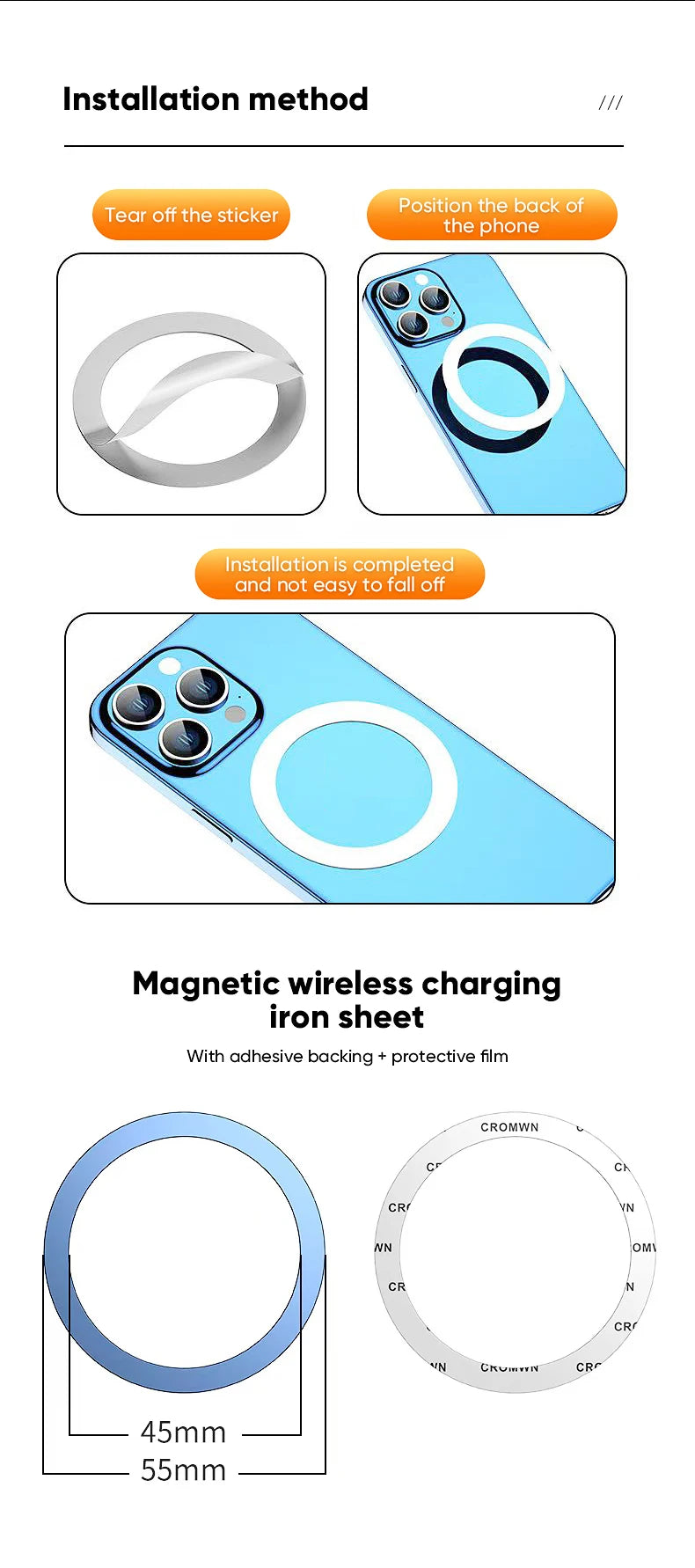Magnetic car phone holder ring for wireless charging shown on a phone
