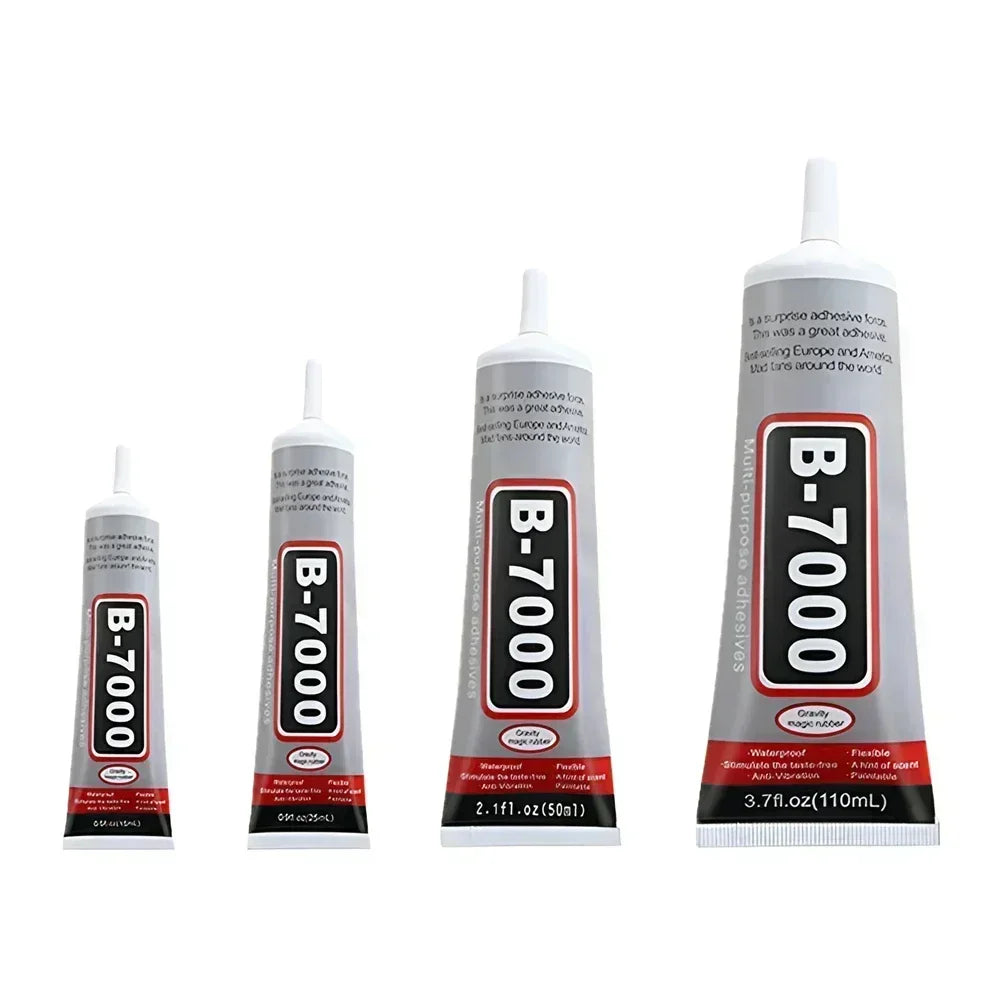 B-7000 contact repair adhesive tubes in multiple sizes with white squeeze nozzles