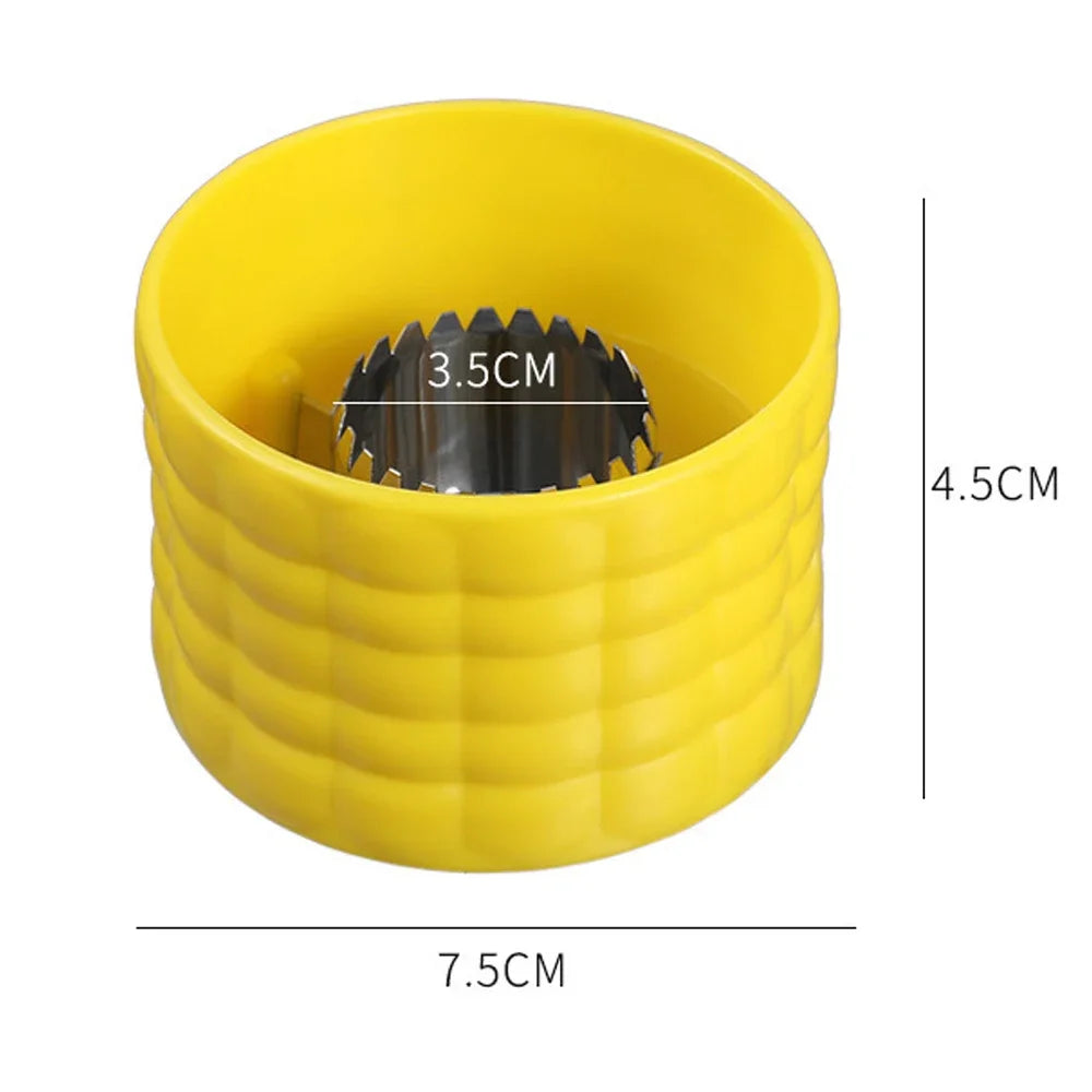 Yellow corn cob stripper tool with serrated blade; size shown in cm (7.5 x 4.5)