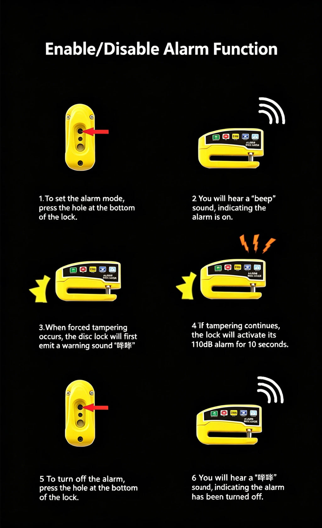 Alarm function disc brake lock instructions diagram with yellow lock and icons