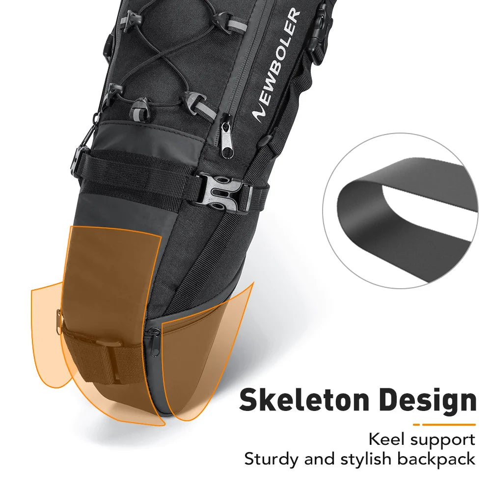 Black waterproof bike saddle bag with reflective accents and padded mounting straps