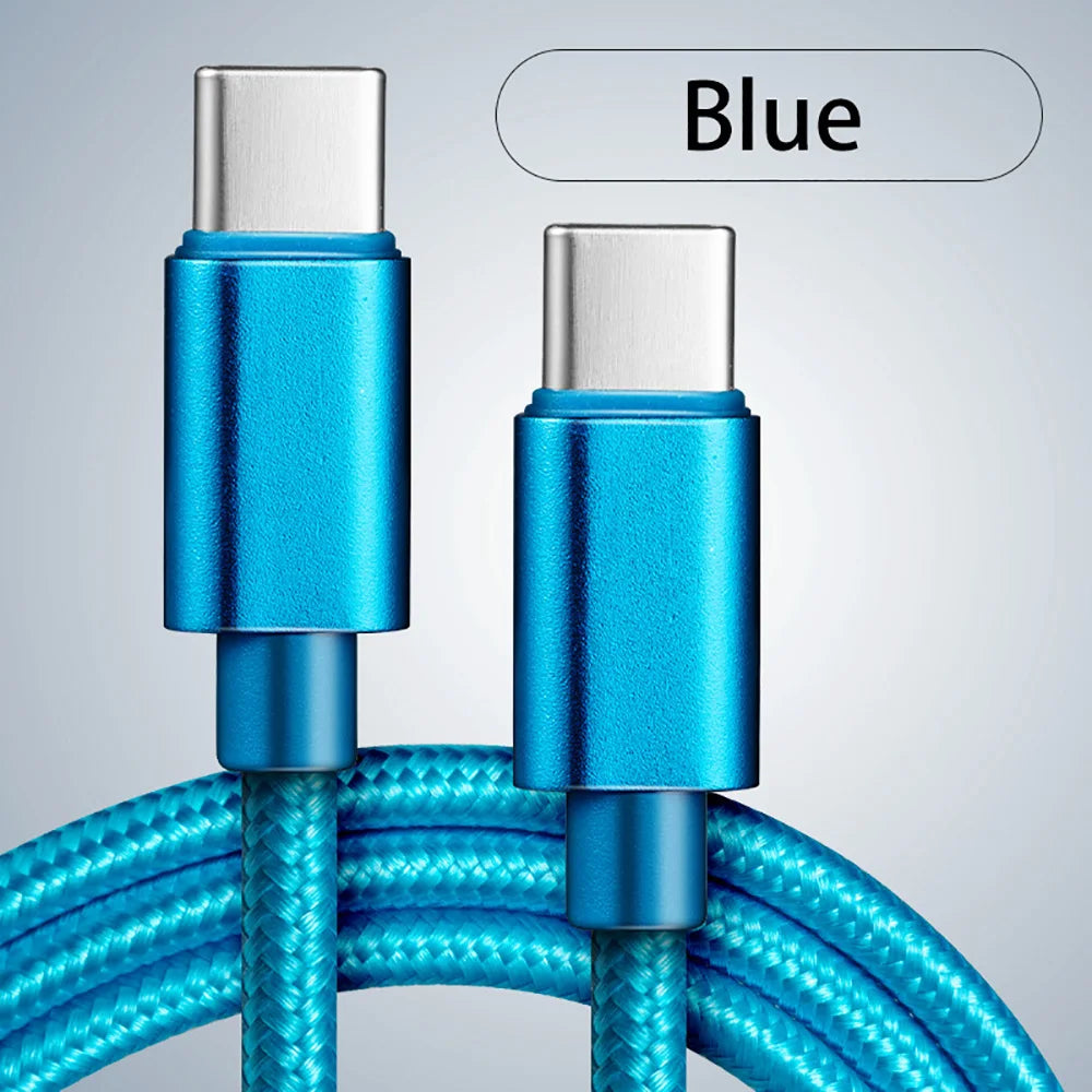 Blue USB-C to USB-C fast charging cable with braided jacket and Type-C plugs
