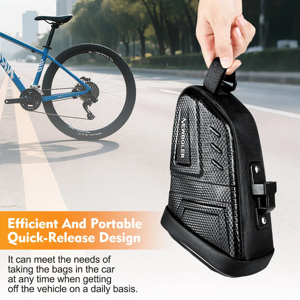 Black bicycle saddle tool bag with quick-release strap, attached to bike seat