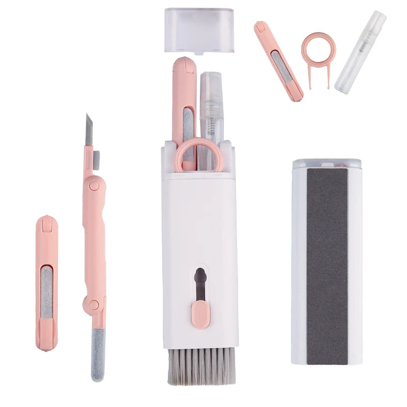 Computer keyboard cleaner brush kit in pink and white with 7 tools