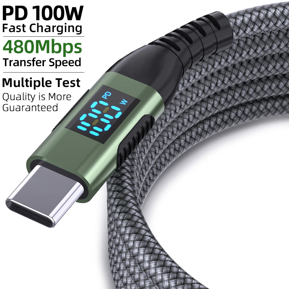 Green USB-C to USB-C charging cable with metal housing and braided jacket, LED lit