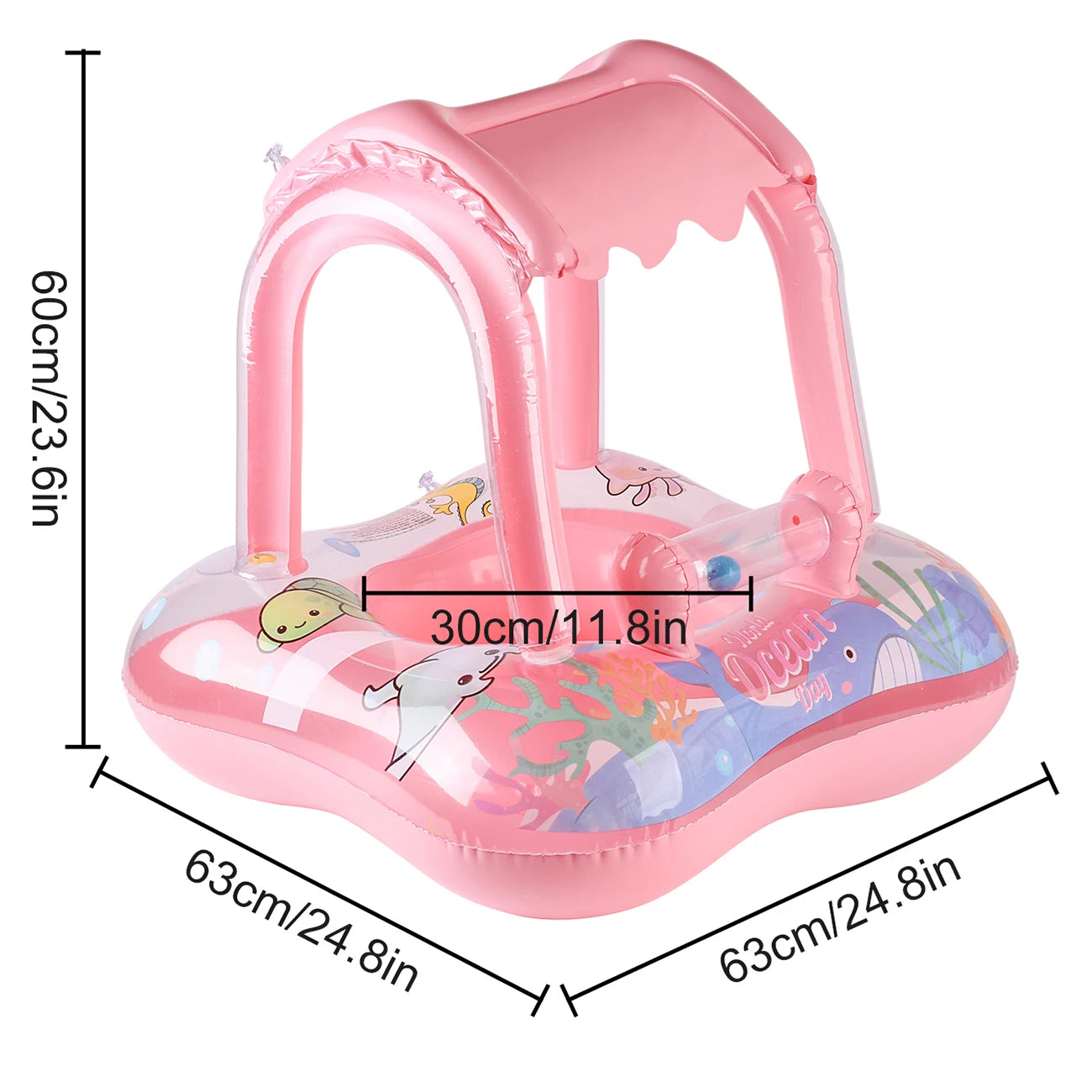 Pink inflatable toddler pool float with canopy, arched handles, and padded seat ring