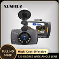 Dash camera DVR with front screen and suction mount, black body, wide-angle lens