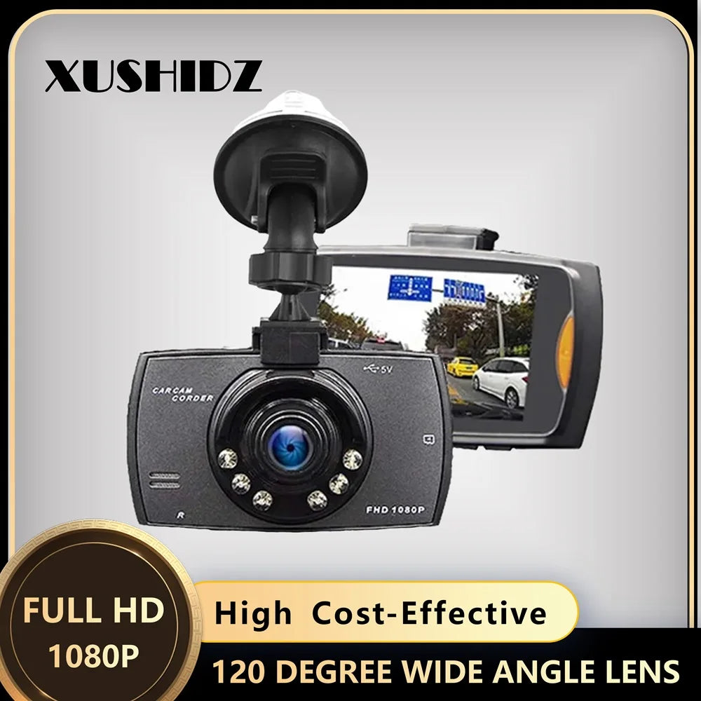 Dash camera DVR with front screen and suction mount, black body, wide-angle lens