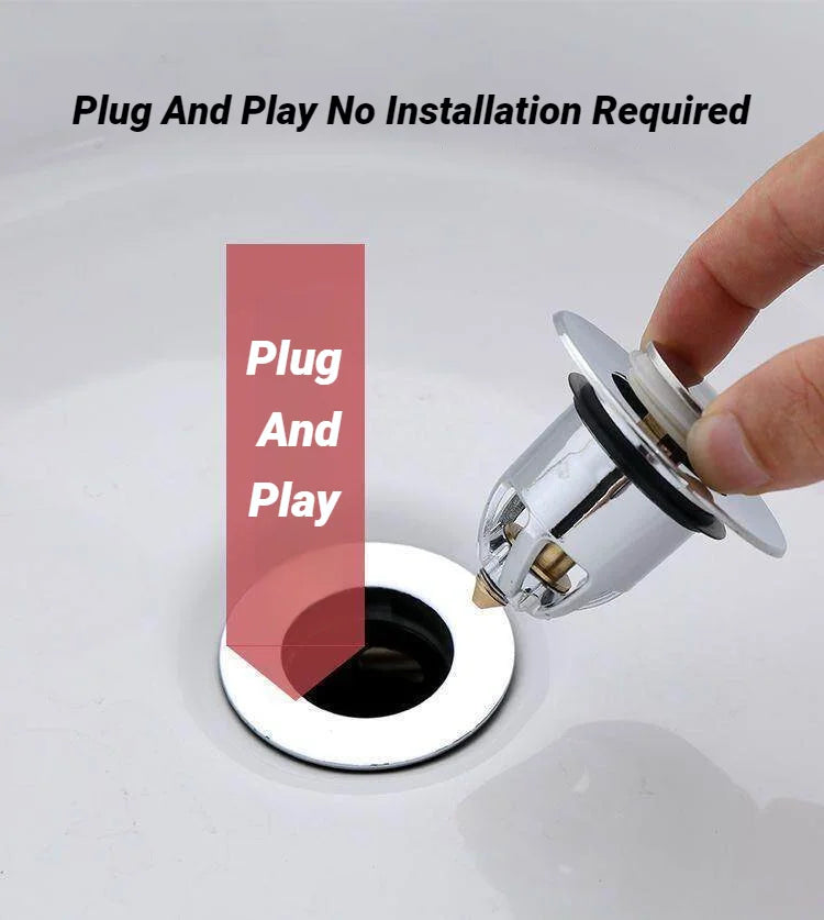 Chrome pop-up drain stopper insert, shown being pushed into the drain opening