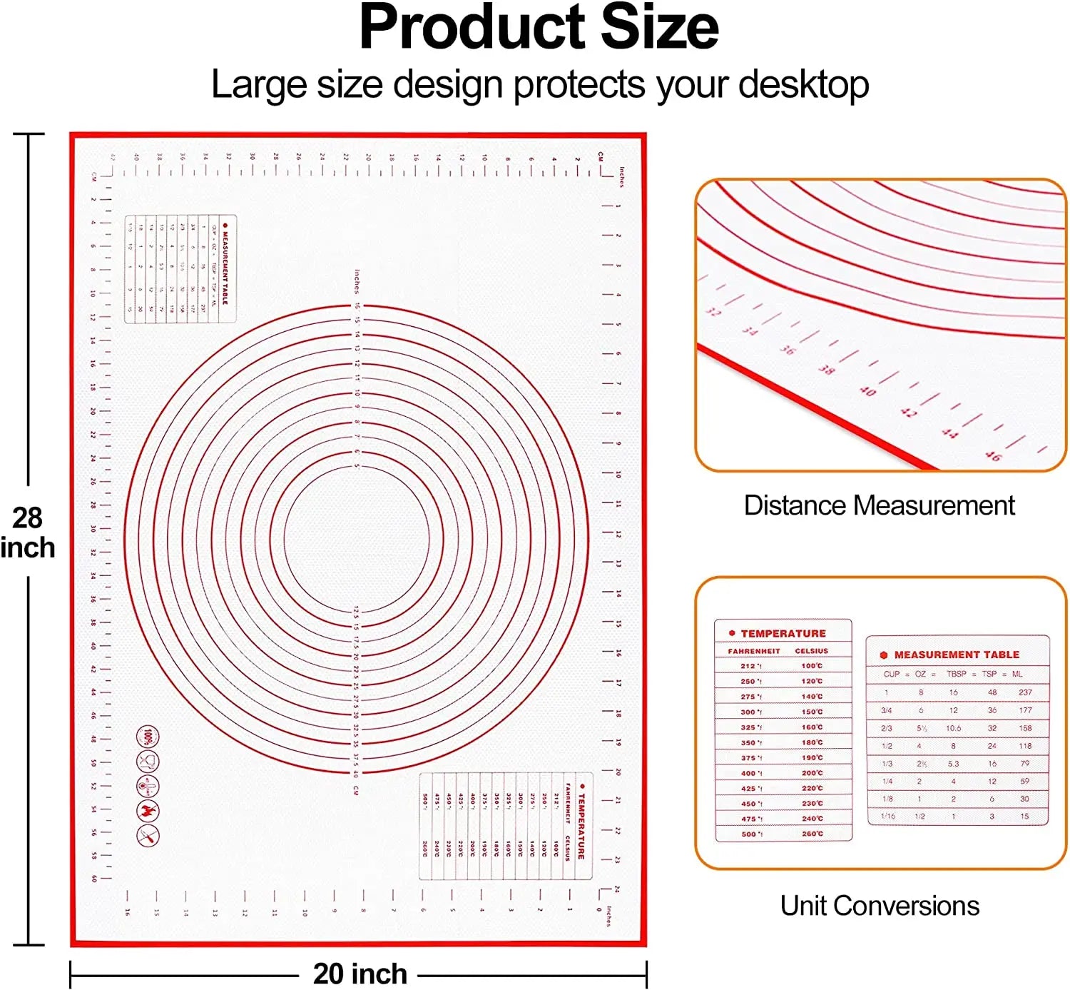 Silicone dough mat size layout with red circular guide rings and ruler markings