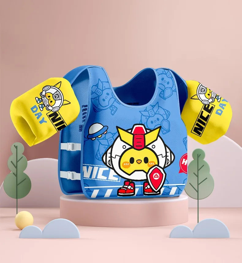 Blue kids swim buoyancy vest with yellow arm float sleeves and cartoon character print, front straps